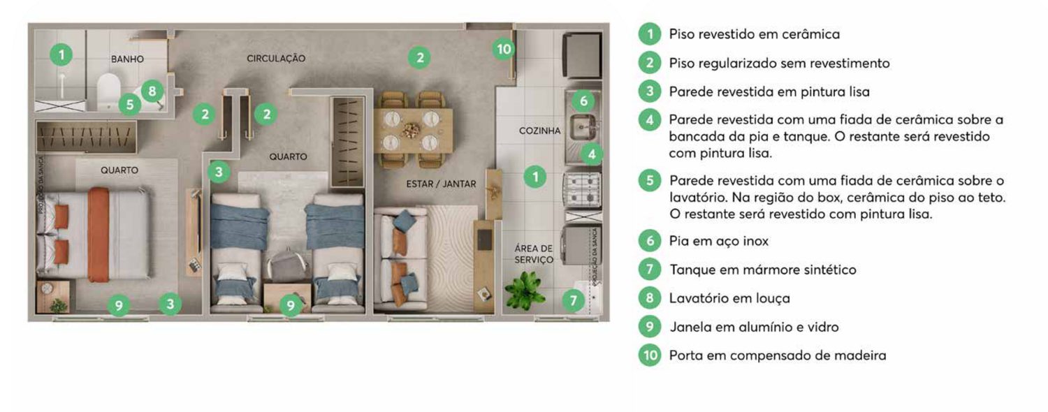 Planta do apartamento de 2 quartos sem varanda do Residencial Tibre