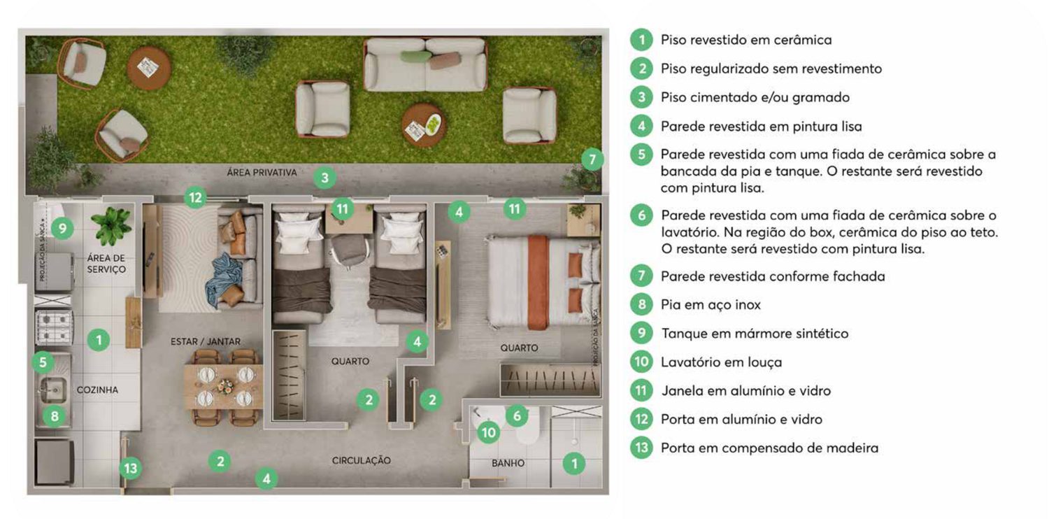 Planta do apartamento térreo de 2 quartos com área privativa do Residencial Tibre