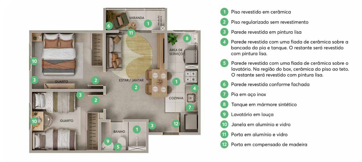 Planta do apartamento de 2 quartos com varanda do Residencial Tibre